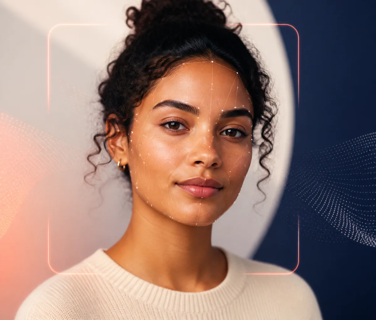 Editorial portrait illustration showing an AI attractiveness test analyzing facial landmarks