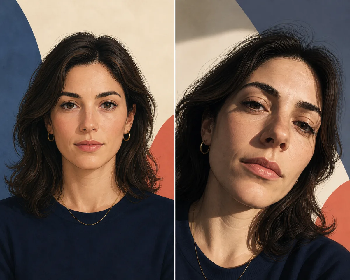Editorial comparison showing the same face under even lighting and a close angled phone photo