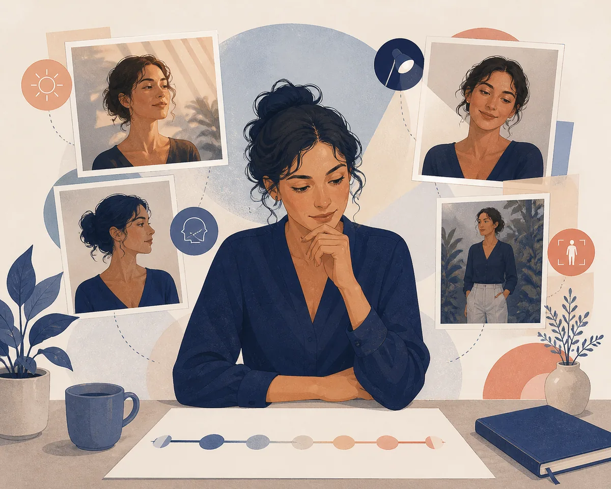 Editorial illustration showing several photo contexts around one person and an abstract result range