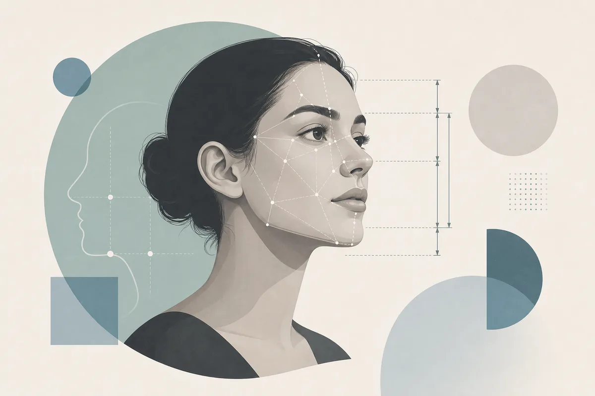 AI Pretty Scale Test가 얼굴 균형을 읽는 편집 일러스트