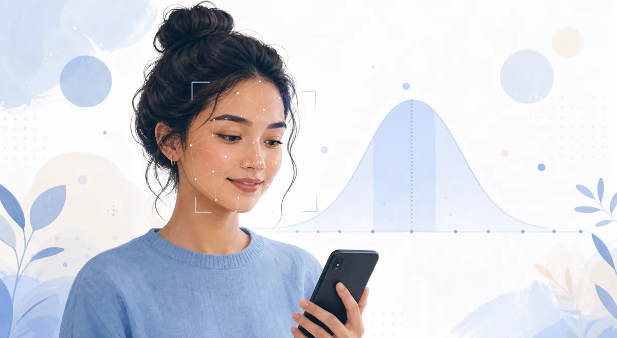 Calm illustration of a person using an AI face rating test with a soft face analysis overlay and normal distribution curve