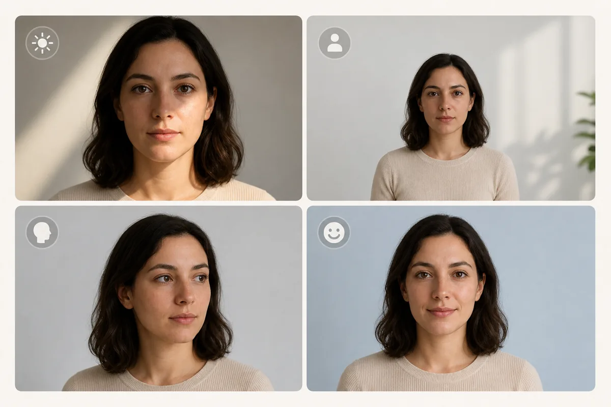 Four photo examples showing how lighting, camera distance, head angle, and expression can change an AI face rating