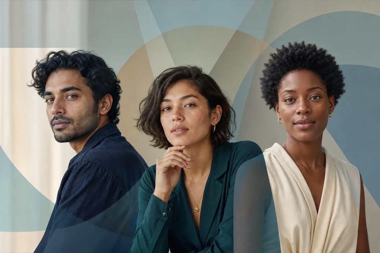 Trois adultes avec des formes abstraites représentant proportion, familiarité et culture