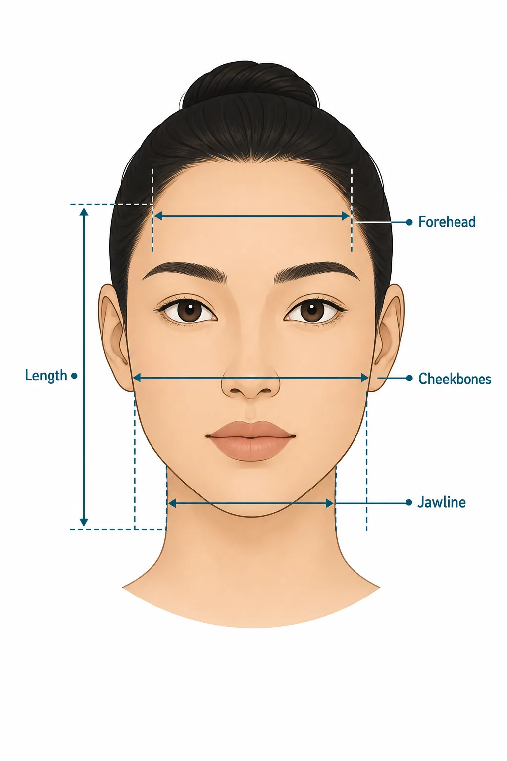 Editoriale Face-Shape-Test-Grafik mit Gesichtslange, Stirn, Wangenknochen und Kiefer
