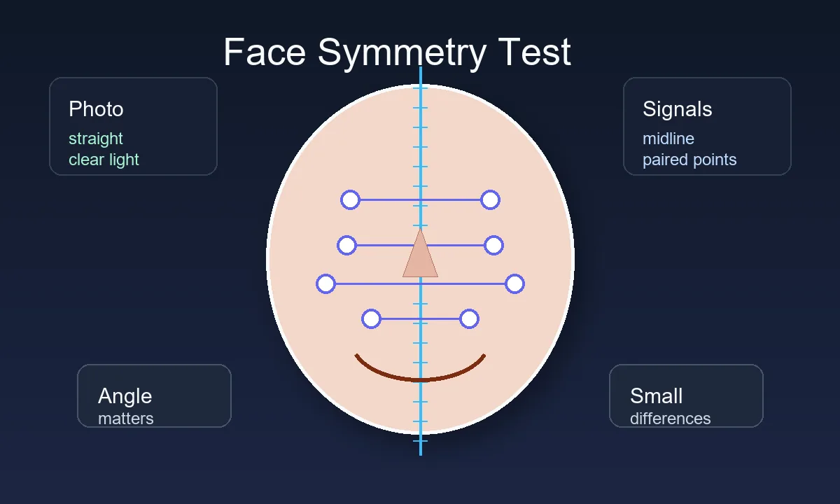 Klares Diagramm eines Gesichtssymmetrie-Tests mit Mittellinie, Landmark-Paaren und Fotoqualitaets-Checks