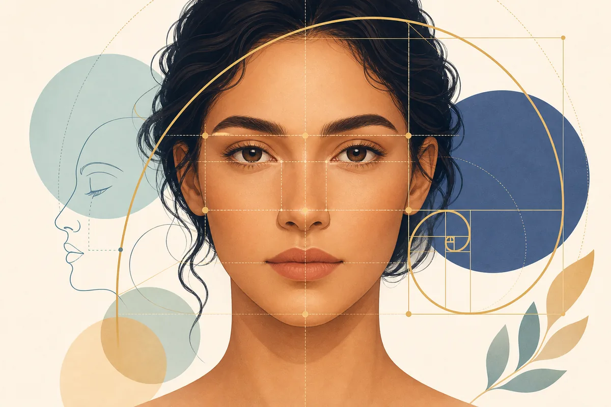Redaktionelle Illustration eines neutralen Gesichts mit Proportionslinien und goldener Spirale