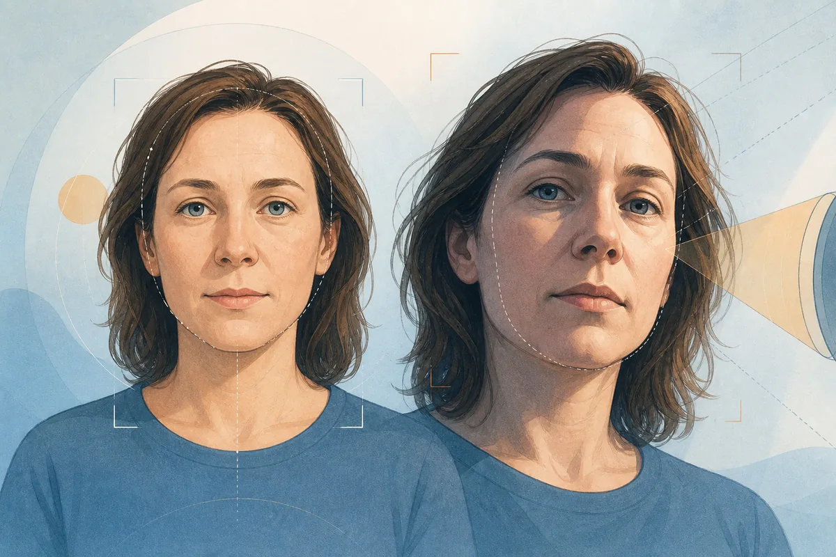 Ilustração editorial de uma IA comparando um retrato com uma faixa etária aproximada