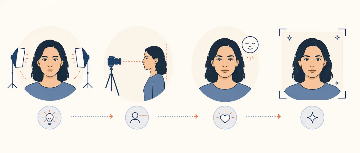 Ilustração editorial de uma configuração de foto consistente para testar uma estimativa de idade por IA