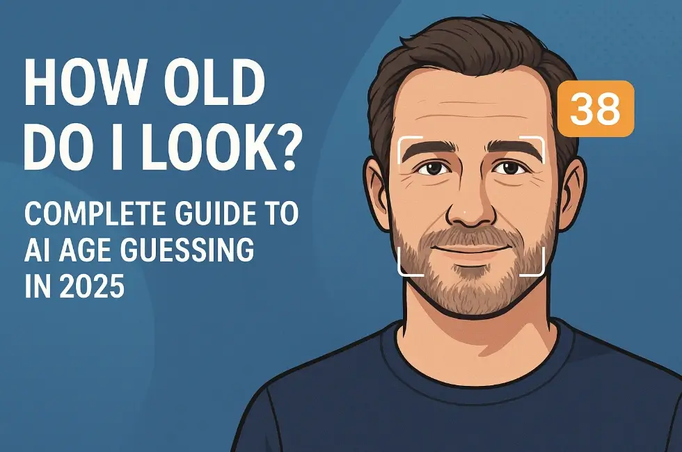 나이 마커와 결과 스케일이 있는 인물 사진을 분석하는 AI age guesser 일러스트