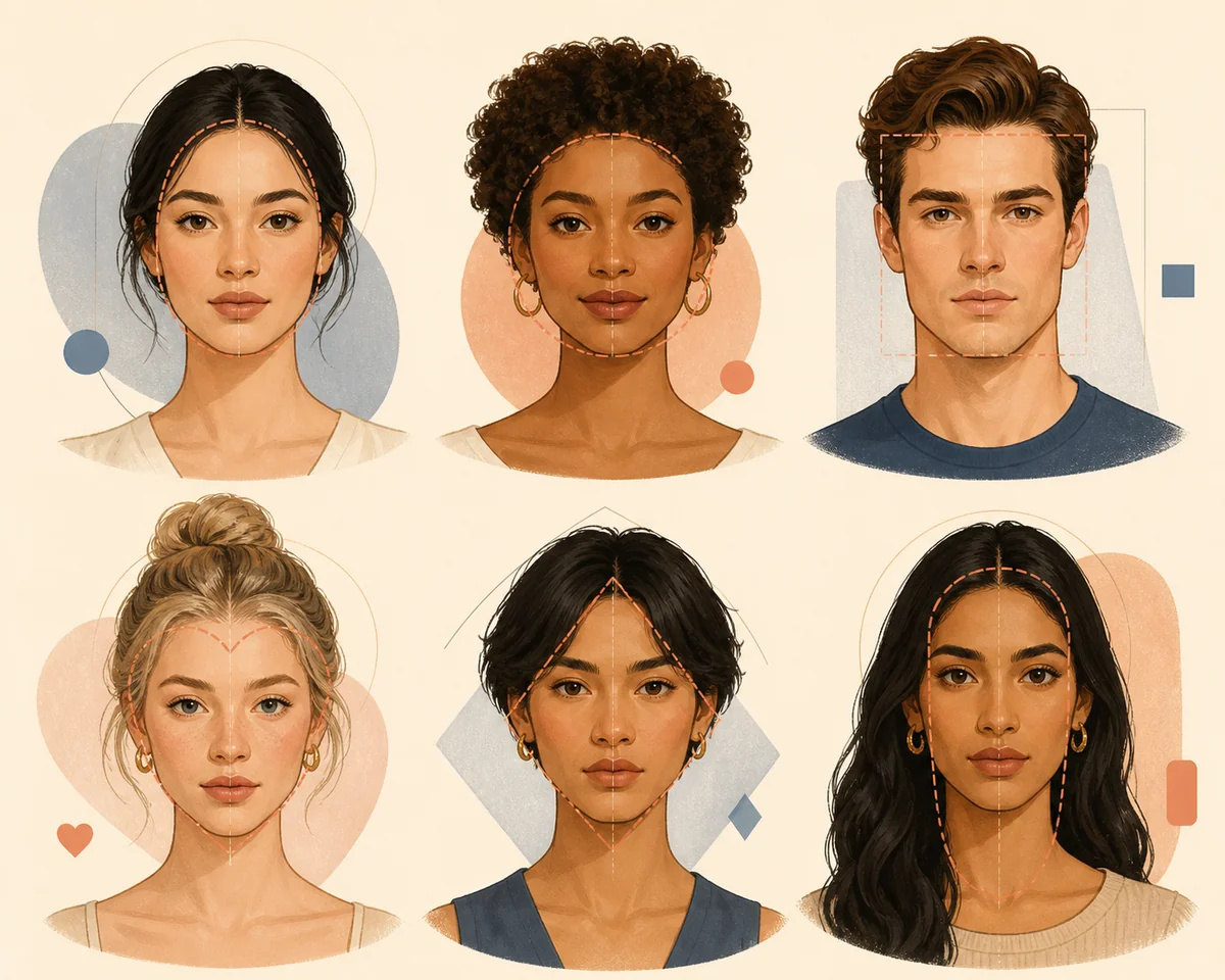 Six diverse adult portraits with simple oval, round, square, heart, diamond, and oblong contour guides