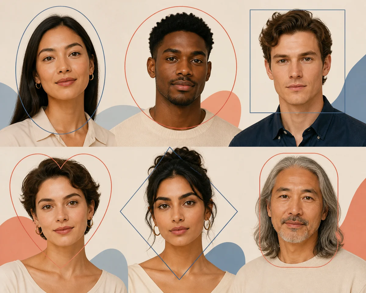 Diverse adult portraits with oval, round, square, heart, diamond, and oblong face outlines