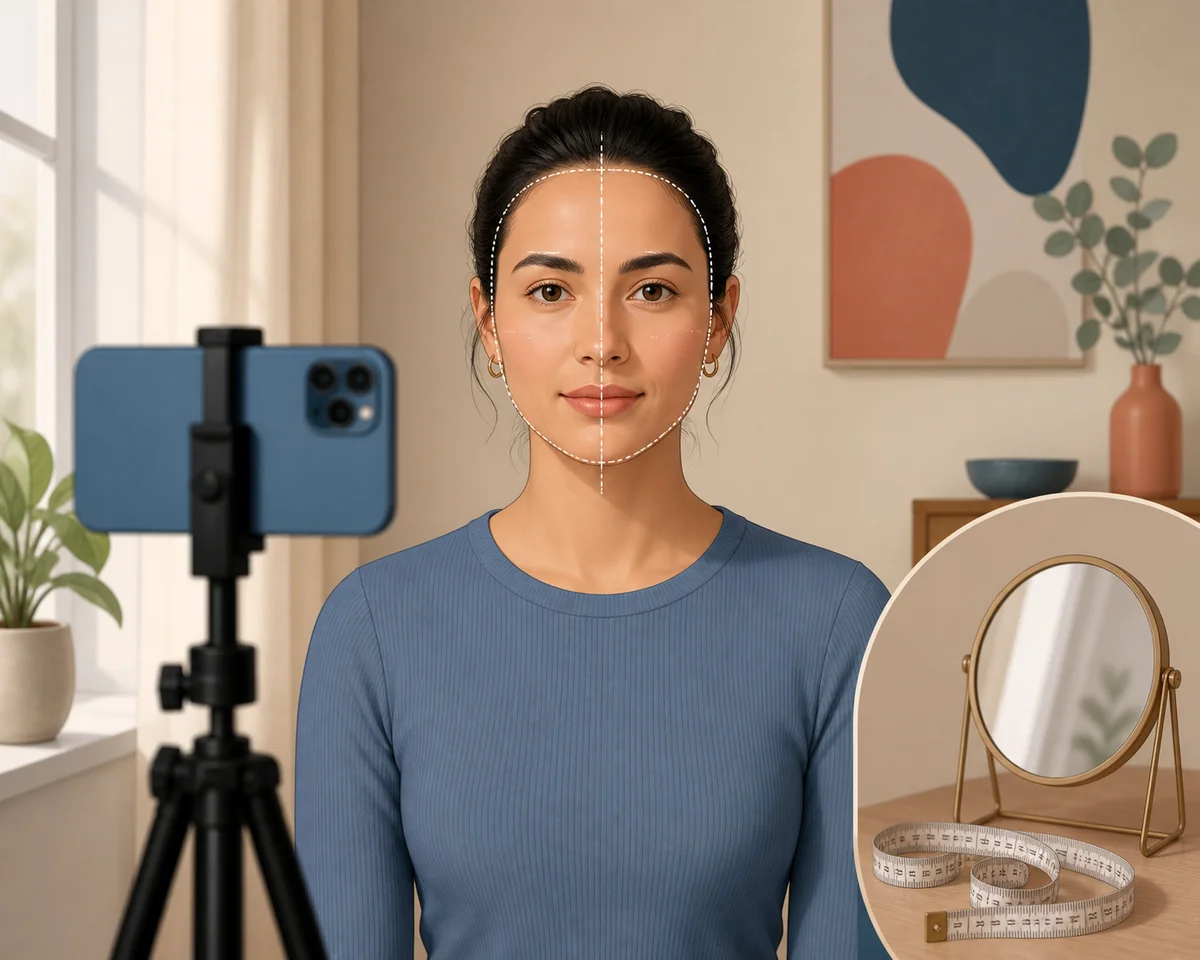 Neutral front-facing face-shape photo setup with a phone at eye level, soft light, and a simple outline guide