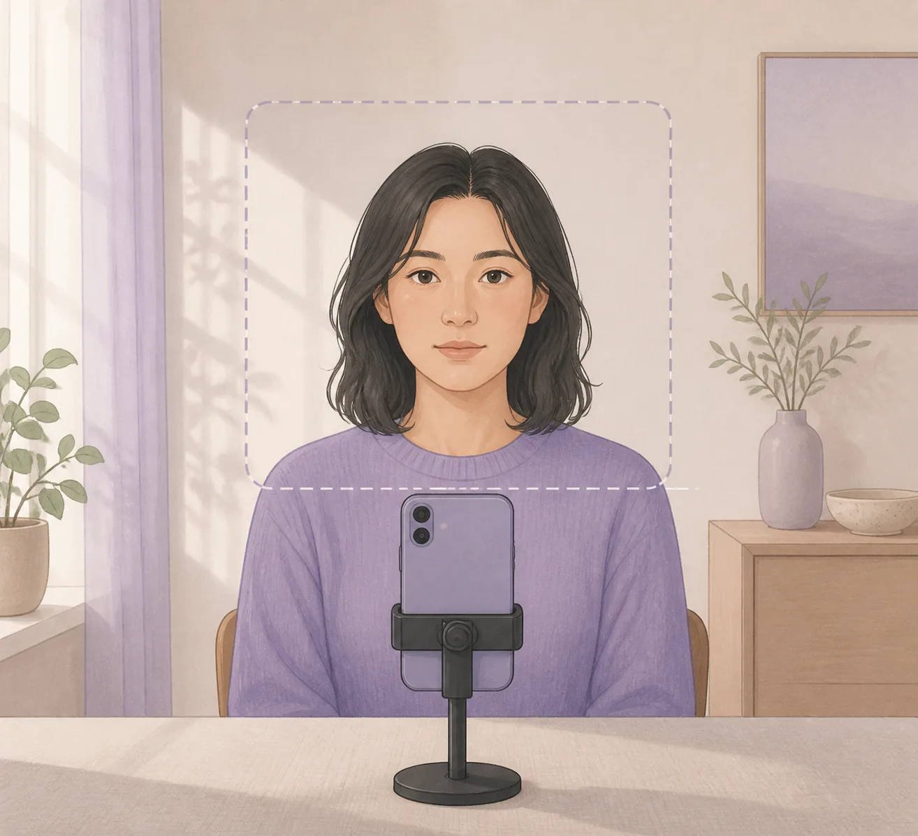 Editorial illustration of a fair face-photo setup with a phone at eye level, soft front light, and consistent framing