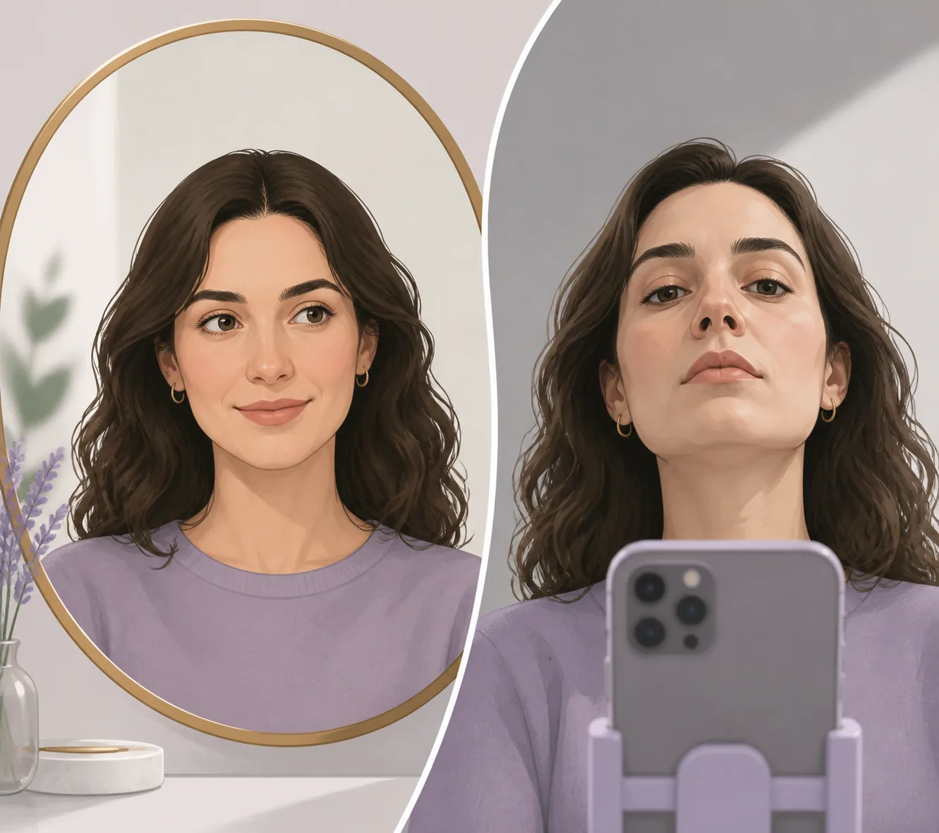 Editorial illustration comparing a natural mirror reflection with a close smartphone portrait