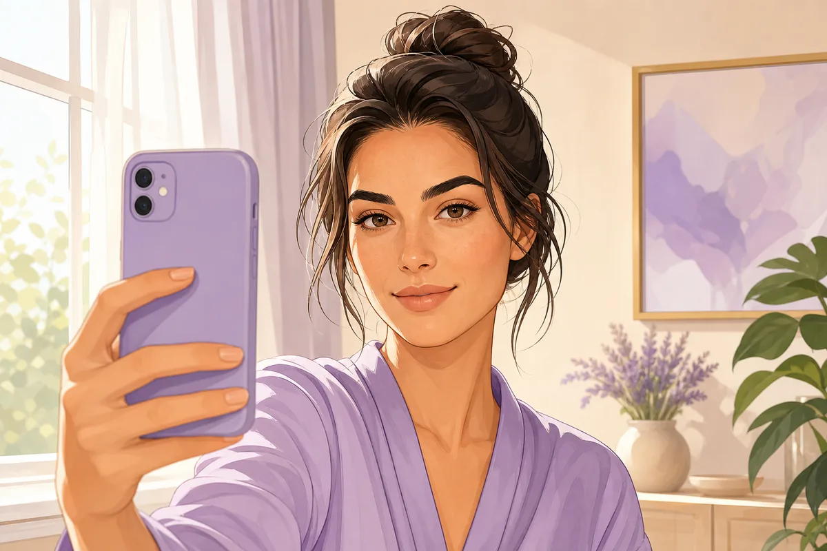 Ilustração editorial de uma pessoa fazendo uma selfie frontal com luz suave de janela